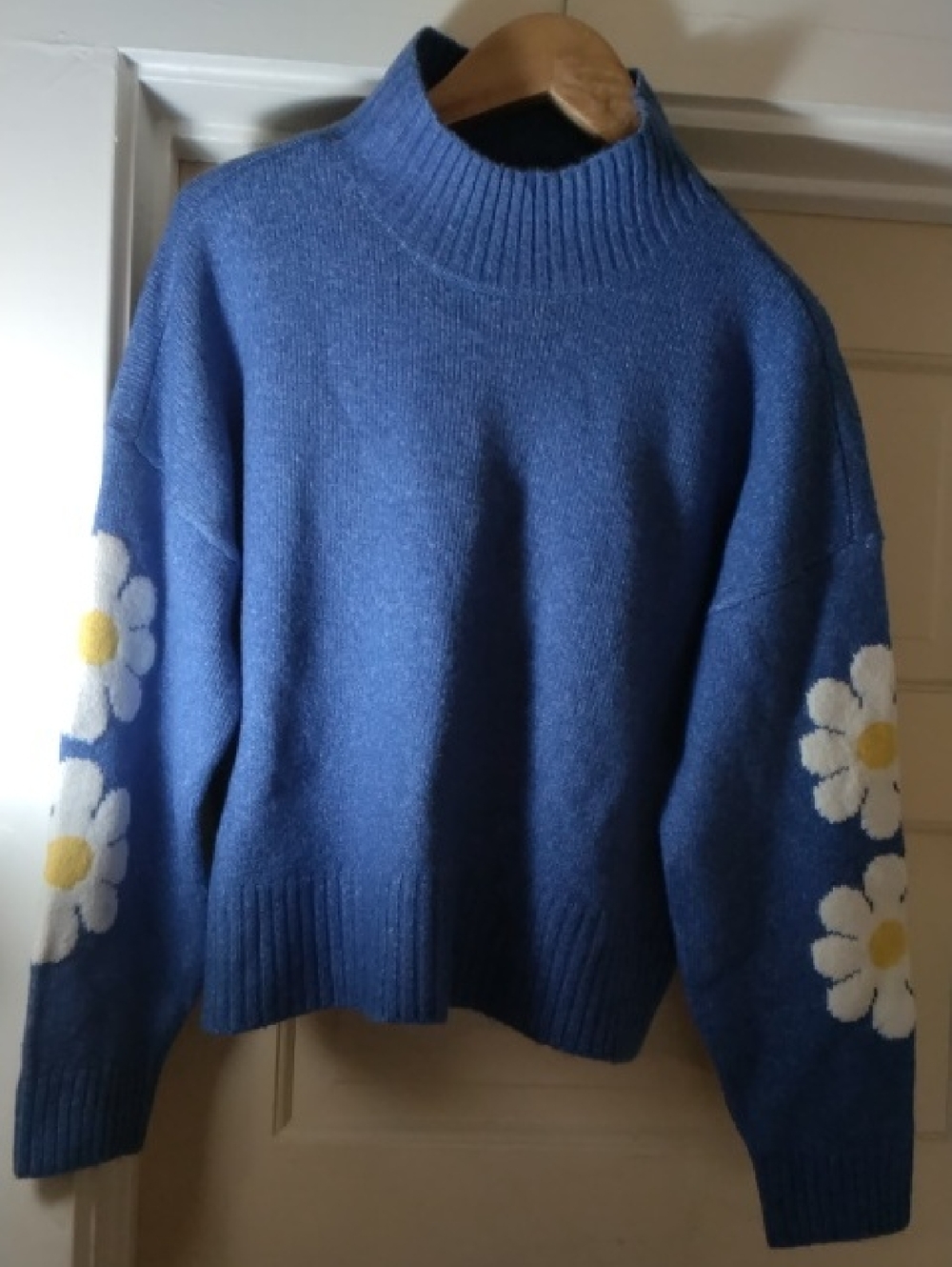 Ultra Flirt Blue Mock Neck Sweater with Daisy Sleeve Motif